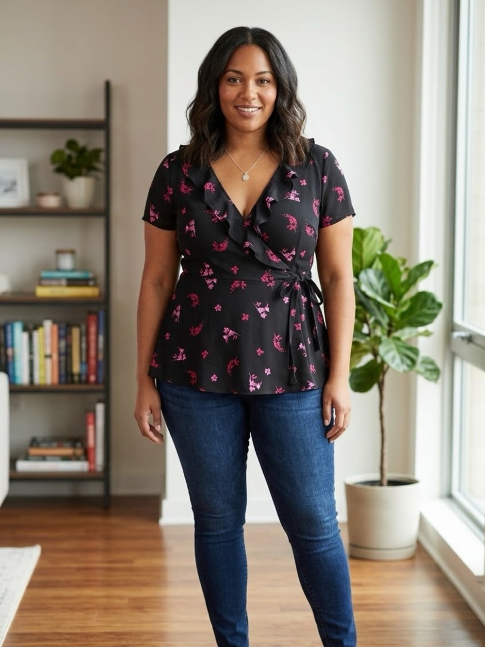 Torrid Black Pink Floral Wrap Blouse Ruffle V-Neck Peplum Top Size 0 / Large